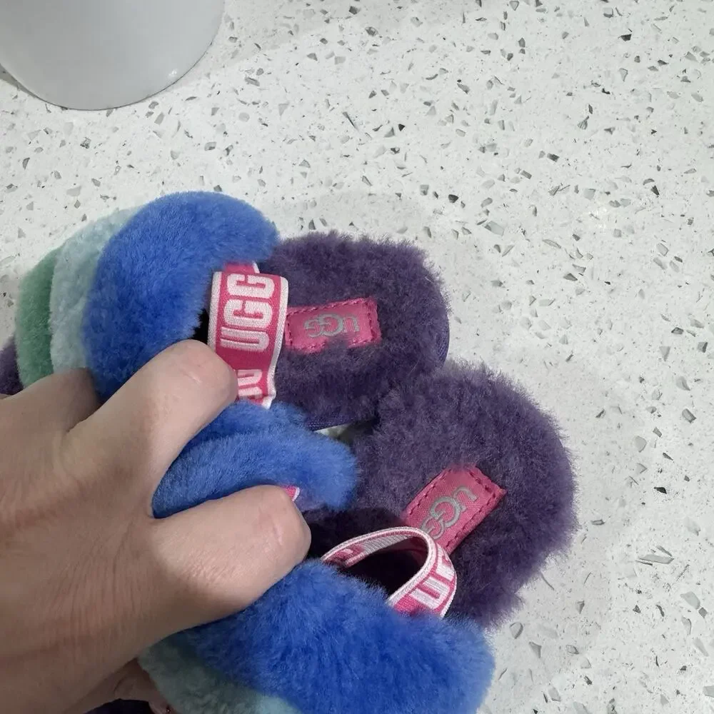 Baby UGG Fluff Yeah Slide in a rainbow colorway Size 7
